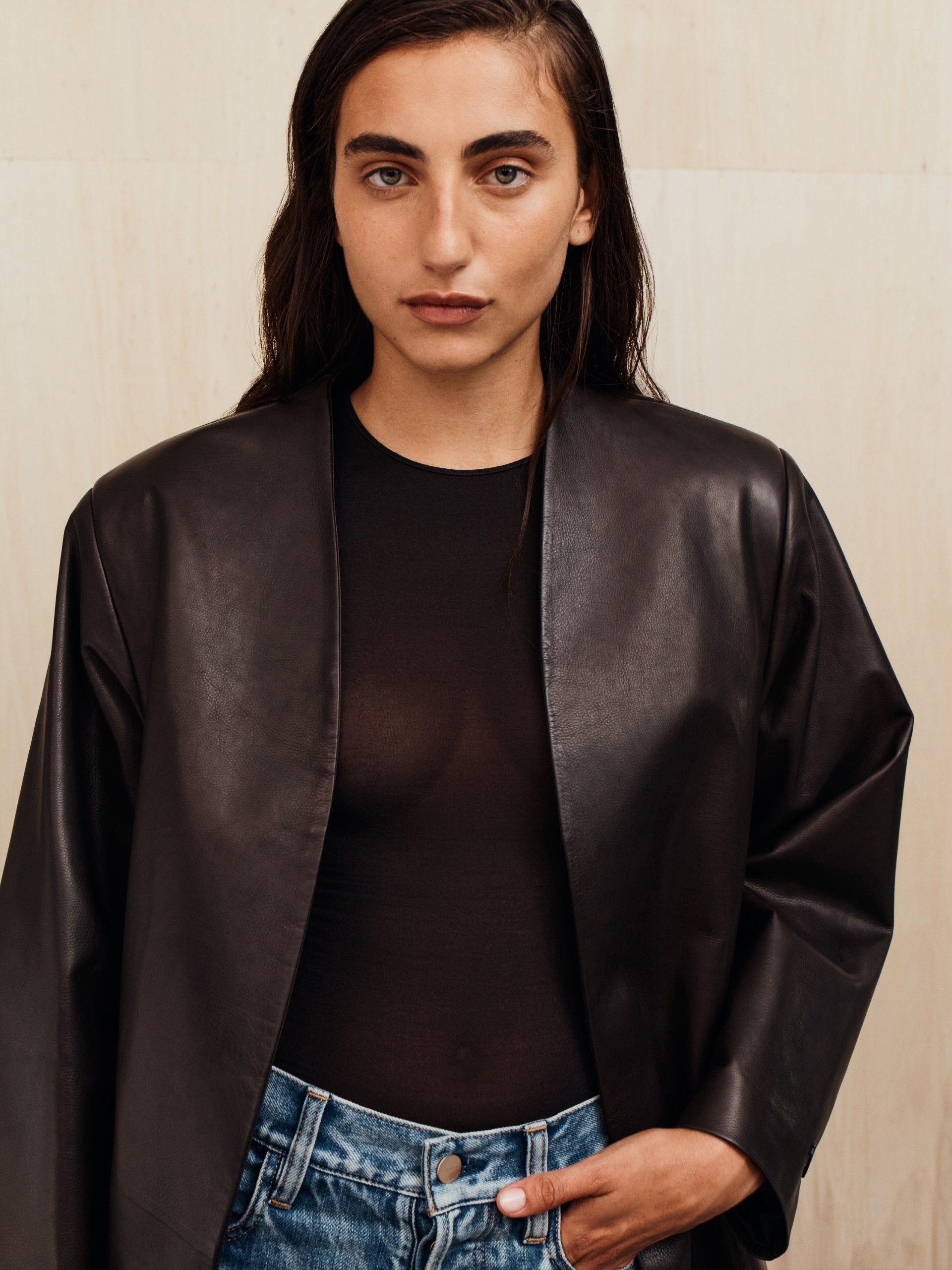 Womens Leather Collarless Jacket